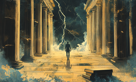 An abstract illustration of a lone figure standing calmly in a storm, surrounded by classical pillars and books, symbolizing the enduring inner strength drawn from philosophy and virtue.